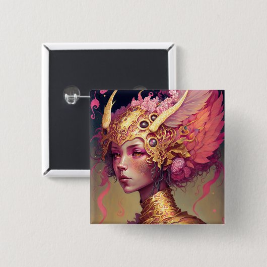 Pink Dragon Woman Fantasy Art Button (Vorne & Hinten)
