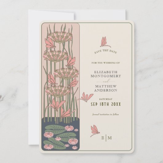 Pink Dragonfly Save the Date Belle Epoque Nouveau Einladung (Vorderseite)