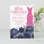 Pink Dress 60th Birthday Party Navy Floral Einladung (Stehend Vorderseite)