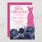Pink Dress 60th Birthday Party Navy Floral Einladung (Vorne/Hinten)