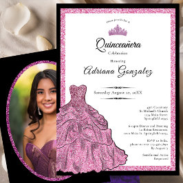 Pink Dress and Tiara Custom Photo Quinceanera Einladung