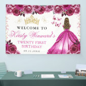 Pink Dress Blonde Princess Floral Birthday Banner (Messe)
