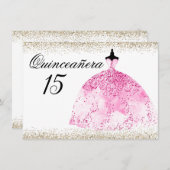 Pink Dress Gold Glitzer Quinceanera Einladung (Vorne/Hinten)
