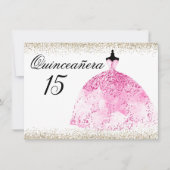 Pink Dress Gold Glitzer Quinceanera Einladung (Vorderseite)
