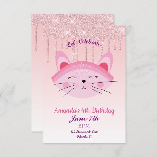 Pink Dripping Glitzer Kitten Einladung (Vorne/Hinten)