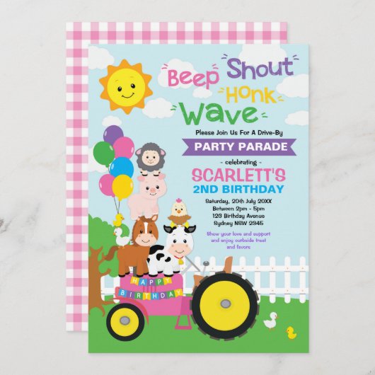 Pink Drive by Birthday Parade Farm Girl Einladung (Vorne/Hinten)