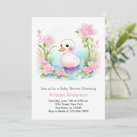 Pink Duckling Whimsy Girl Babydusche Einladung (Stehend Vorderseite)