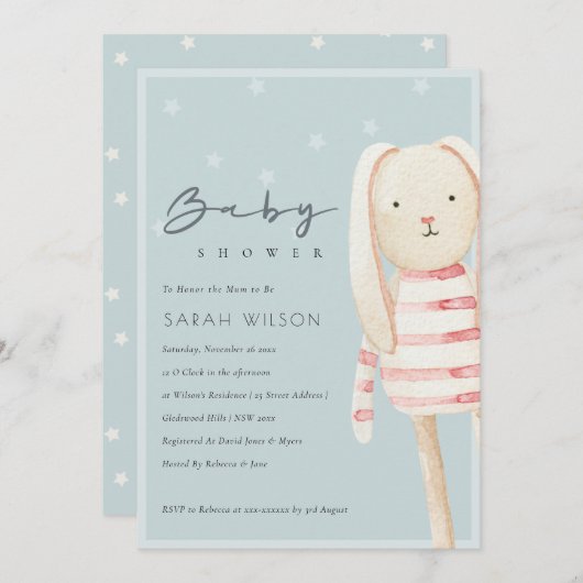 Pink Dusky Blue Gray Bunny Baby Dusche laden ein Dankeskarte (Vorne/Hinten)