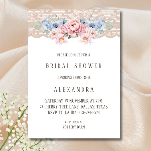 Pink Dusty Blue Romantic Floral Lace Brautparty Einladung