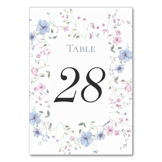 Pink & Dusty Blue Watercolor Floral Wedding Tischnummer (Vorderseite)