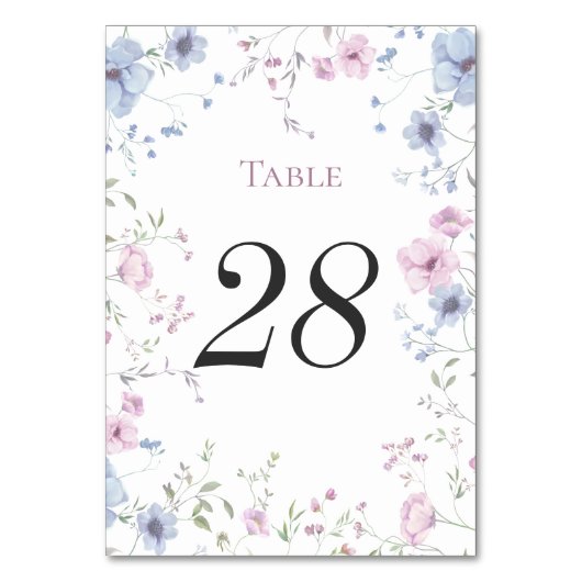 Pink & Dusty Blue Watercolor Floral Wedding Tischnummer (Vorderseite)