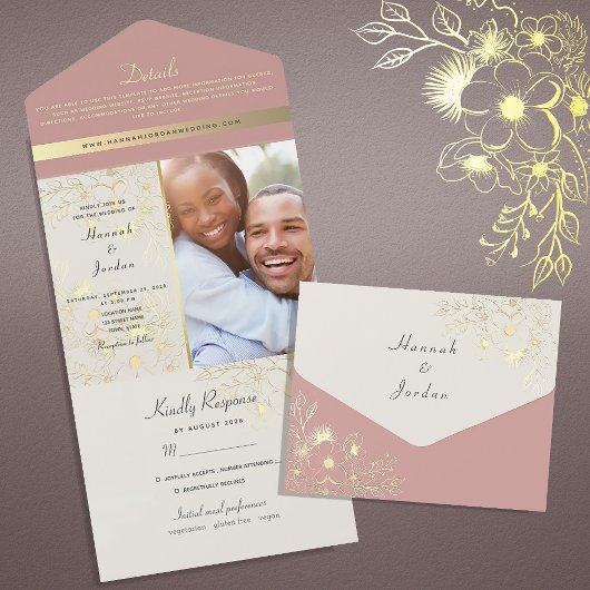 Pink Dusty Rose Boho Floral Wedding All In One Einladung