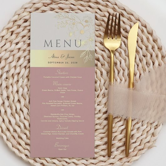 Pink Dusty Rose Boho Floral Wedding Menu Menükarte