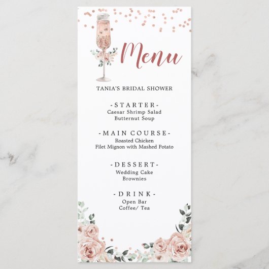 Pink Dusty Rose Petals und Prosecco Brautparty Menükarte (Vorderseite)