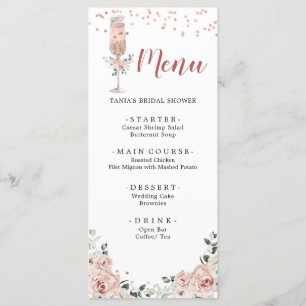 Pink Dusty Rose Petals und Prosecco Brautparty Menükarte