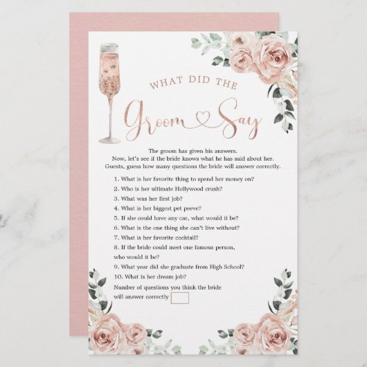 Pink Dusty Rose Petals und Prosecco Groom Say Game (Vorne/Hinten)