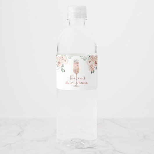 Pink Dusty Rose Petals und Prosecco Wasserflasche Wasserflaschenetikett (Vorderseite)