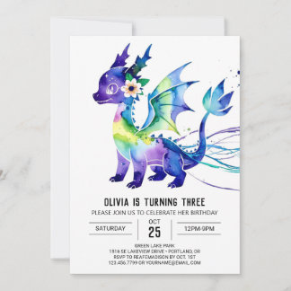 Pink Editable Dragon Digital Girl Birthday Einladung