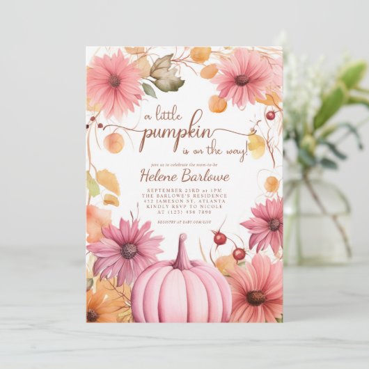 Pink eine kleine Pumpkin Fall Babydusche Einladung (Stehend Vorderseite)
