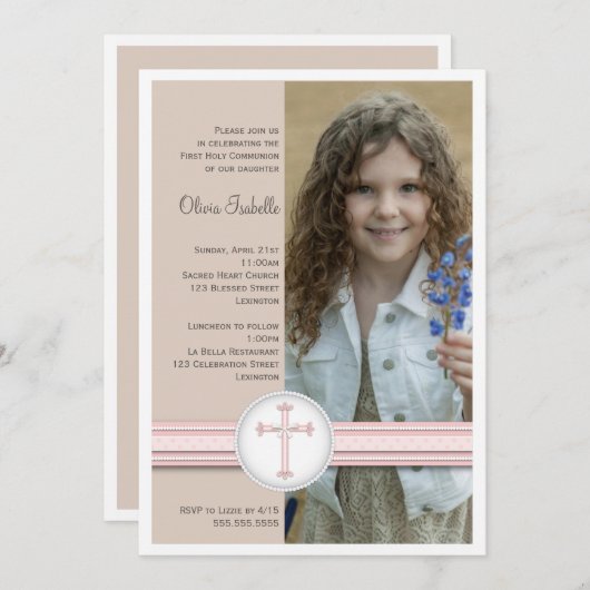 Pink | Einladung von Beige Foto (Vorne/Hinten)