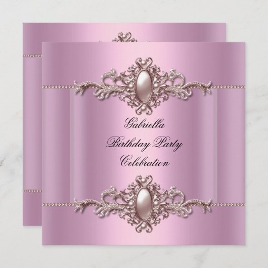 Pink Elegant Birthday Party Pearl Einladung (Vorne/Hinten)