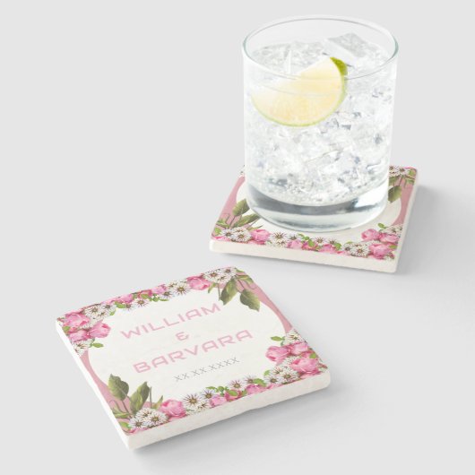 Pink Elegant Floral Drink Coaster Design Steinuntersetzer (Seitenansicht)