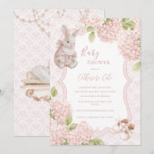 Pink Elegant Hydrangea Vintage Bunny Baby Einladung (Vorne/Hinten)