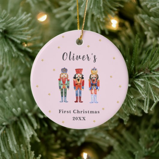 Pink Elegant Nutcracker Baby's First Christmas Keramik Ornament (Baum)