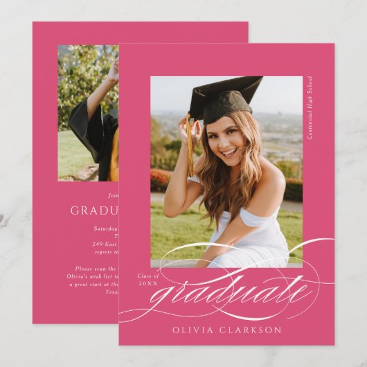 Pink Elegant Script QR Code Foto Graduation Party Einladung (Vorne/Hinten)