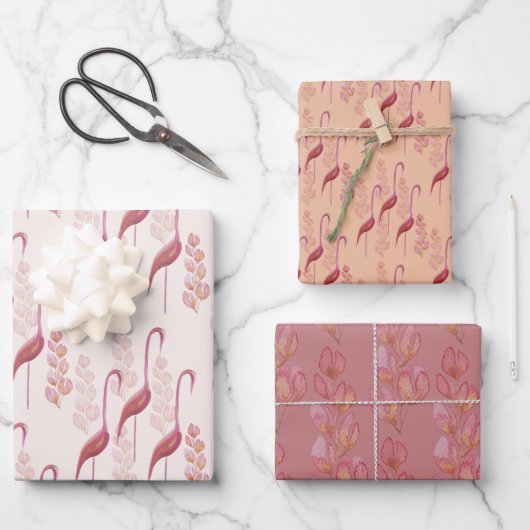 Pink Elegant Watercolor Flamingos Illustration Geschenkpapier Set (Vorderseite)