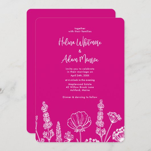 Pink | Elegante Wildblumen Wekdding Einladung (Vorne/Hinten)