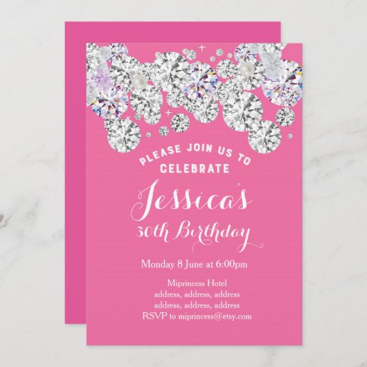 PINK eleganter Diamant, Glitzer Geburtstagseinladu Einladung (Vorne/Hinten)