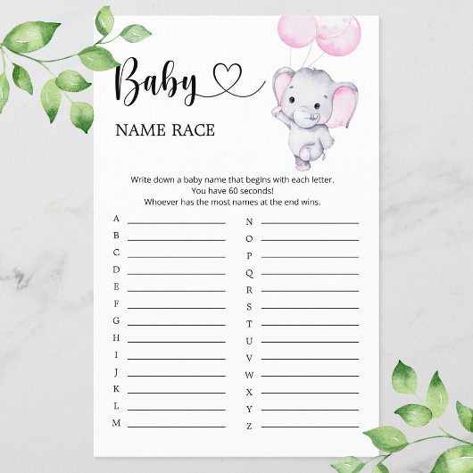 Pink Elephant Baby Dusche Baby Name Race Game