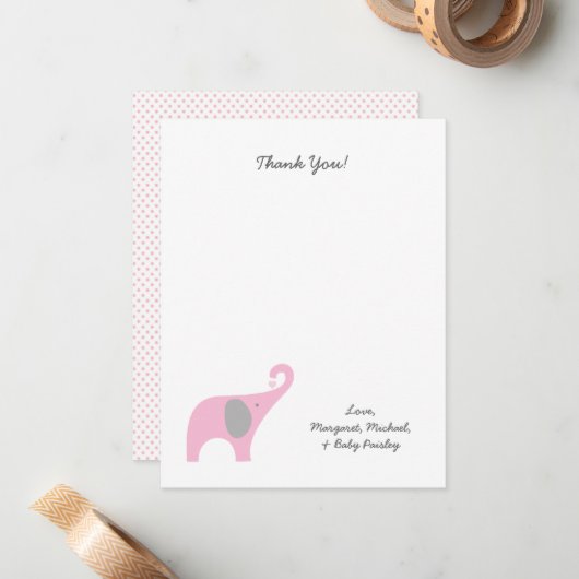 Pink Elephant Baby Dusche Danke Notizen / Mädchen (Vorderseite/Rückseite Beispiel)
