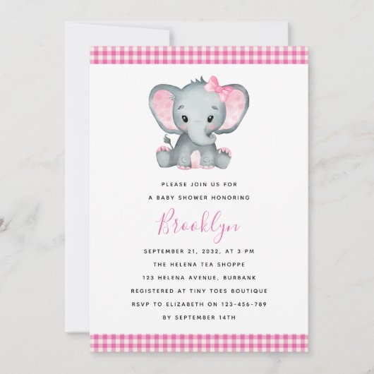 Pink Elephant Baby Dusche Einladung (Vorderseite)