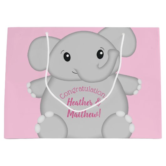 Pink Elephant Baby Dusche Große Geschenktüte (Vorderseite)