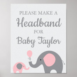 Pink Elephant Baby Dusche Headband-Zeichen Poster