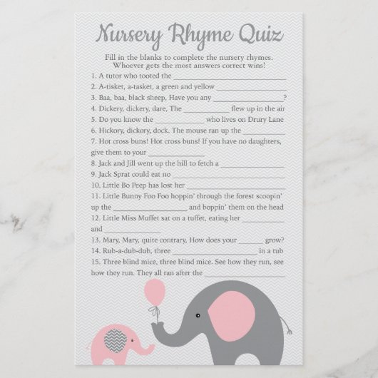 Pink Elephant Baby Dusche Kinderzimmer Rhyme Quiz  Flyer (Vorne)