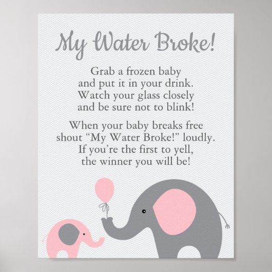 Pink Elephant Baby Dusche Mein Wasser Broke Spiel Poster (Vorne)