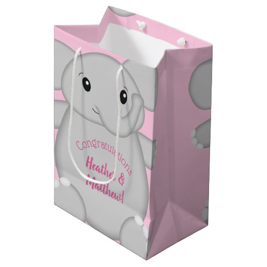 Pink Elephant Baby Dusche Mittlere Geschenktüte (Vorderseite Schrägansicht)