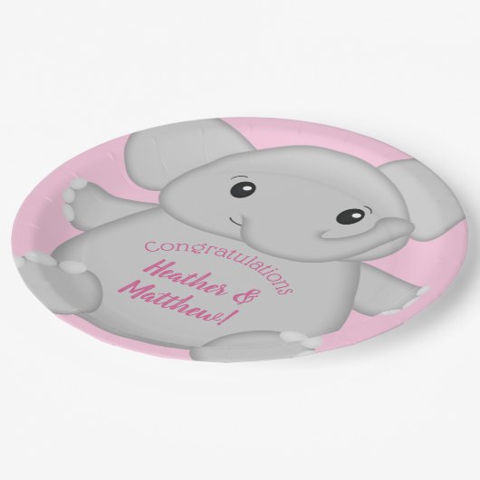 Pink Elephant Baby Dusche Pappteller (Schrägansicht)