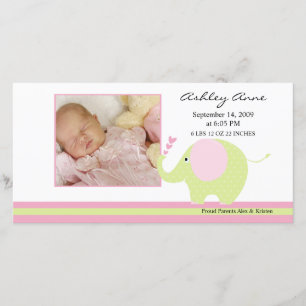 Pink Elephant Baby Girl Birth Annoucement Ankündigung