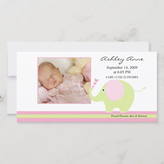 Pink Elephant Baby Girl Birth Annoucement Ankündigung (Vorderseite)