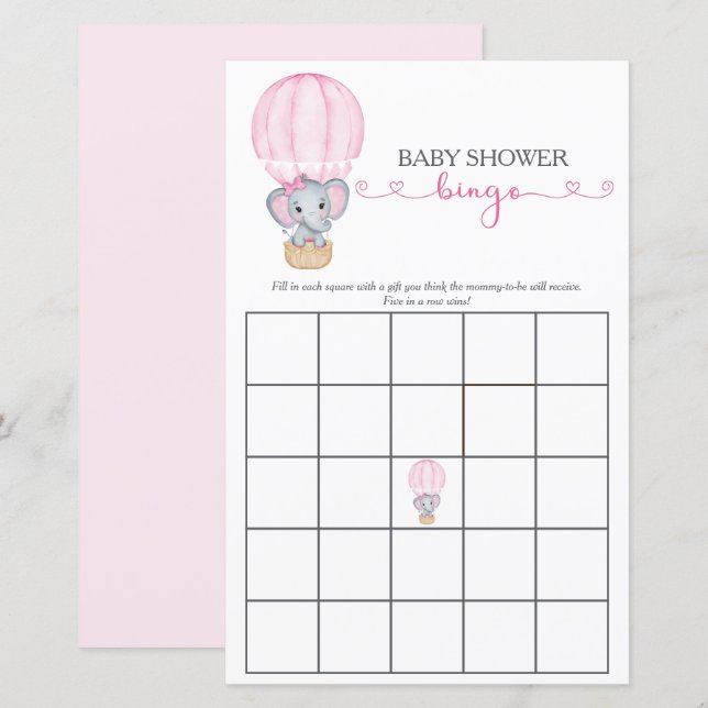 Pink Elephant Baby Girl Dusche Bingo Spiel (Vorne/Hinten)