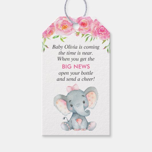Pink Elephant Baby Girl Dusche Mini Flasche Gefall Geschenkanhänger (Vorderseite)
