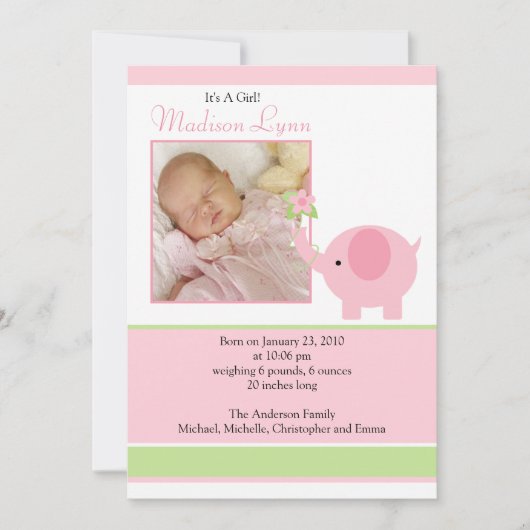 Pink Elephant Baby Girl Foto Announcement Card Ankündigung (Vorderseite)