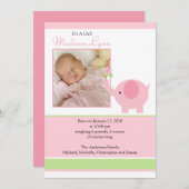 Pink Elephant Baby Girl Foto Announcement Card Ankündigung (Vorne/Hinten)