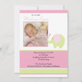 Pink Elephant Baby Girl Foto Announcement Card Ankündigung (Vorderseite)