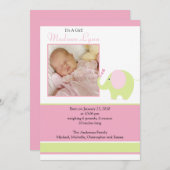 Pink Elephant Baby Girl Foto Announcement Card Ankündigung (Vorne/Hinten)