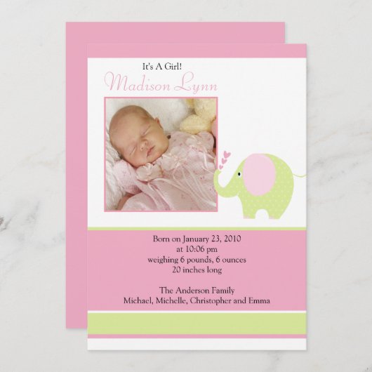 Pink Elephant Baby Girl Foto Announcement Card Ankündigung (Vorne/Hinten)